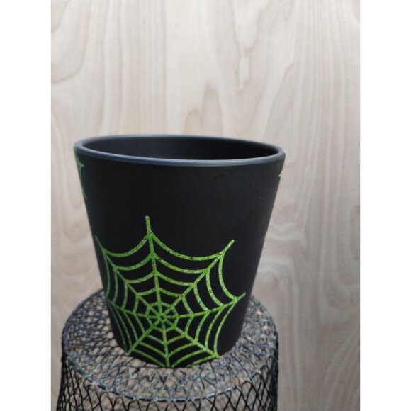 Black Plant Pot With Green Spider Web Design 5 Inches Halloween Themed Decor Pot - Picture 4 of 7